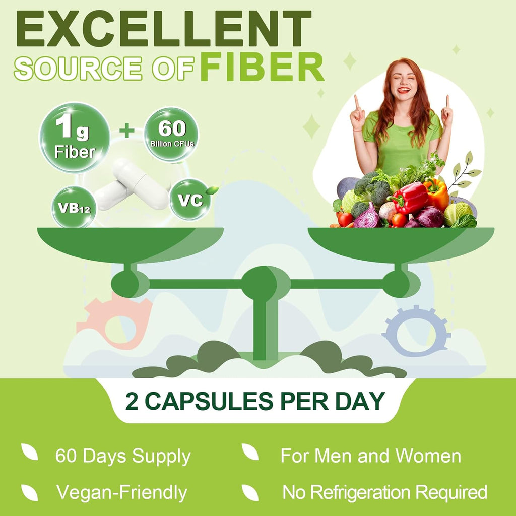 Advertisement for fiber supplement with a woman and vegetables on a scale, emphasizing fiber content and benefits.