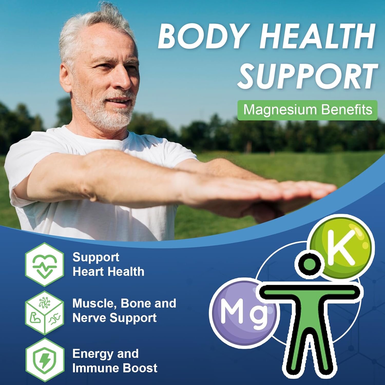 Man exercising outdoors with text about magnesium benefits and health support.