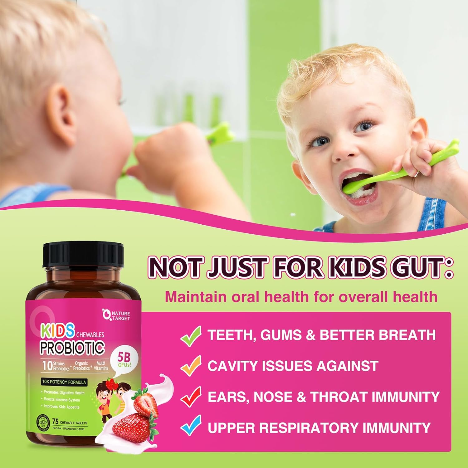 Child brushing teeth with a bottle of Kids Probiotic on a green background