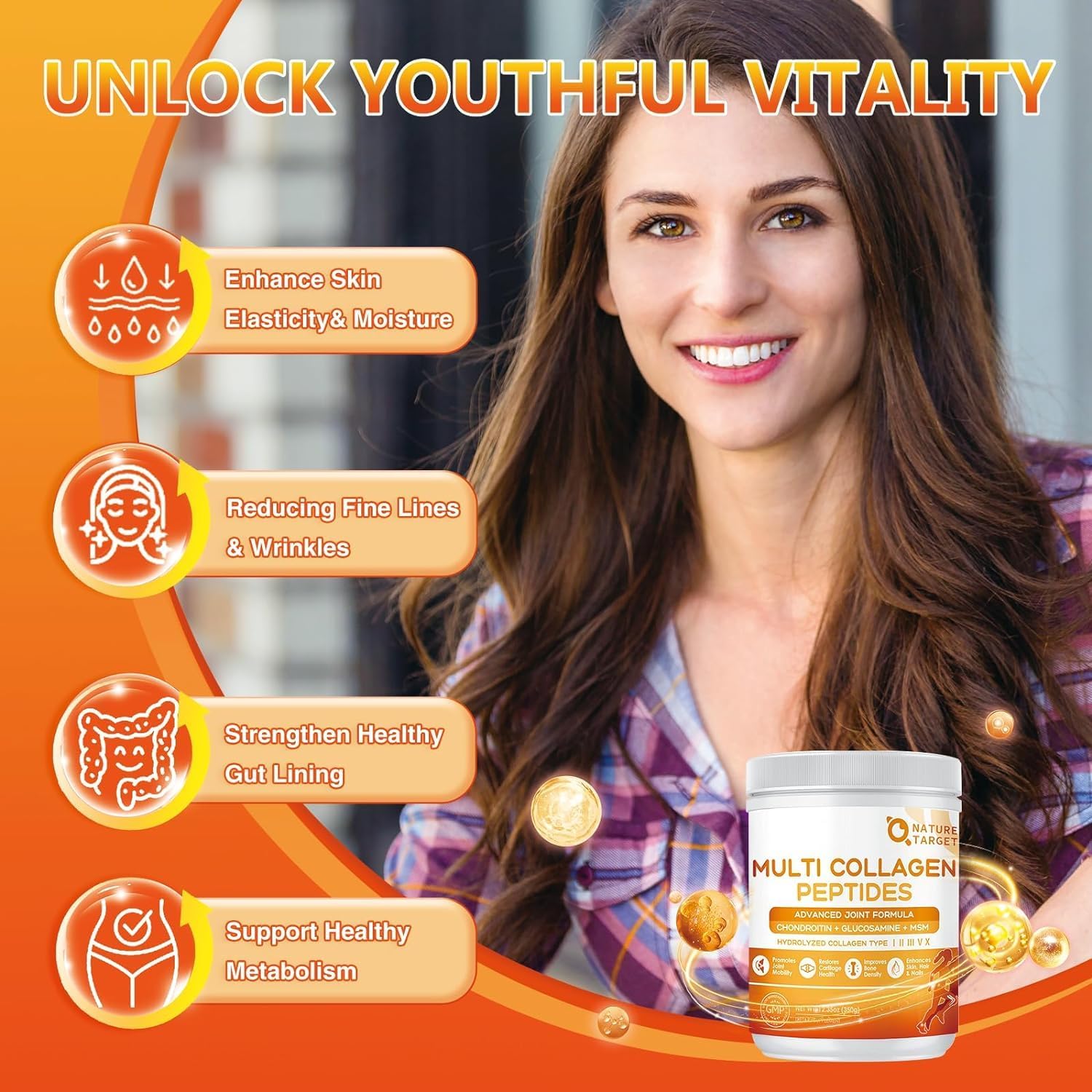 Advertisement for a multi-collagen peptides product with a woman and product packaging on an orange background.