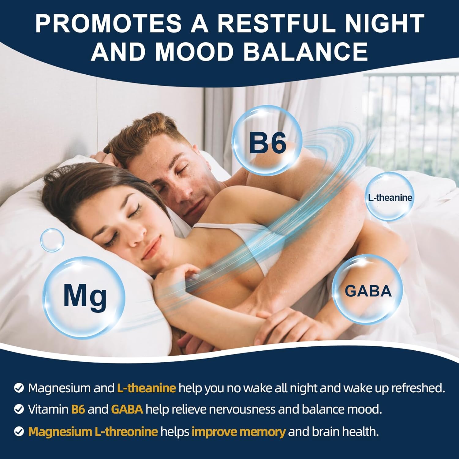 Couple sleeping with nutrients like magnesium, L-theanine, vitamin B6, and GABA highlighted.