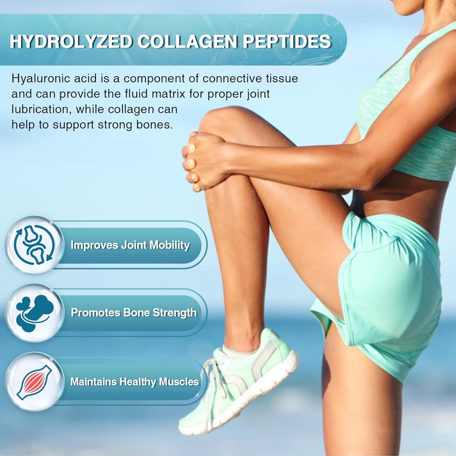 Person in athletic wear with text about hydrolyzed collagen peptides and their benefits on a blue background