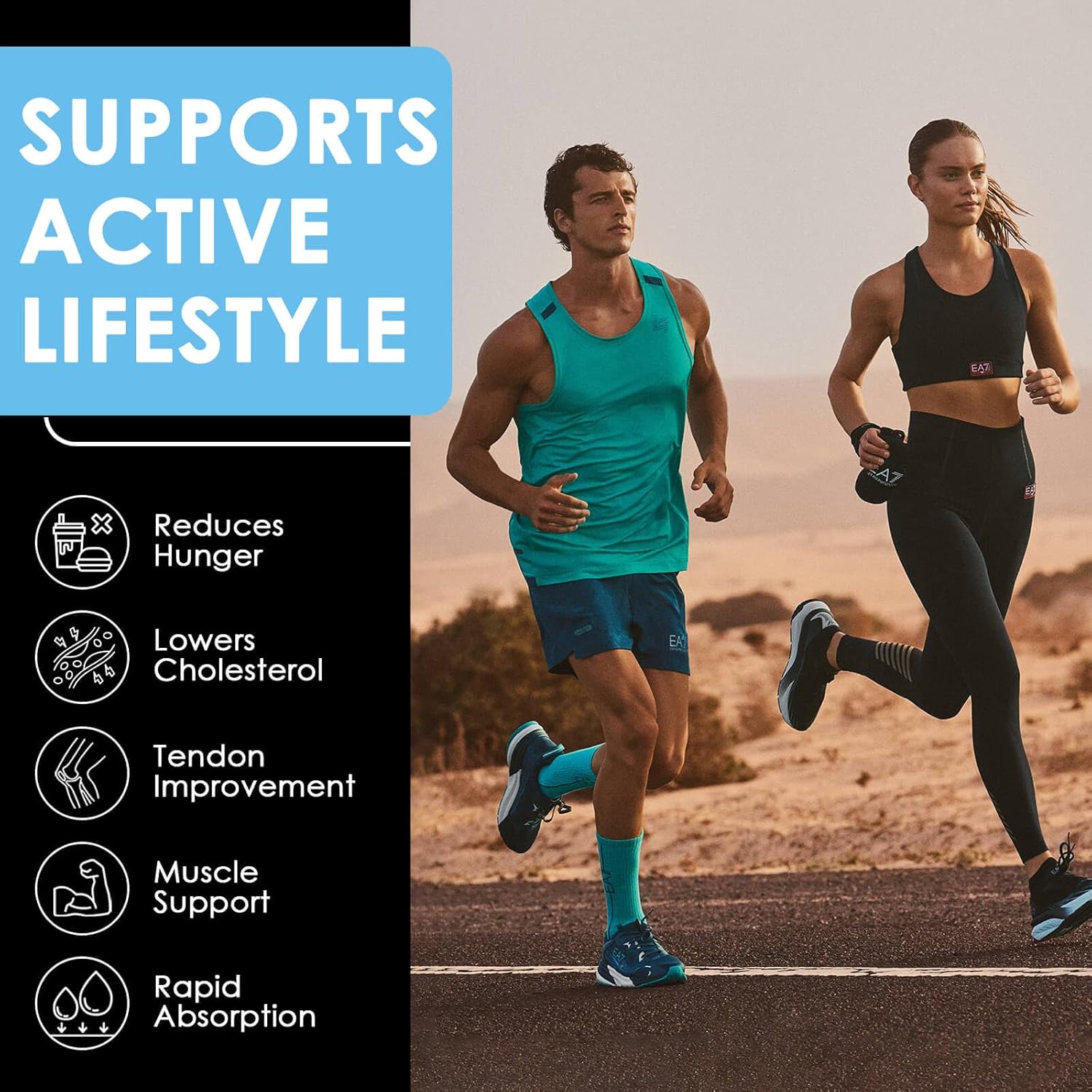 Two people running outdoors with health benefits text on the left