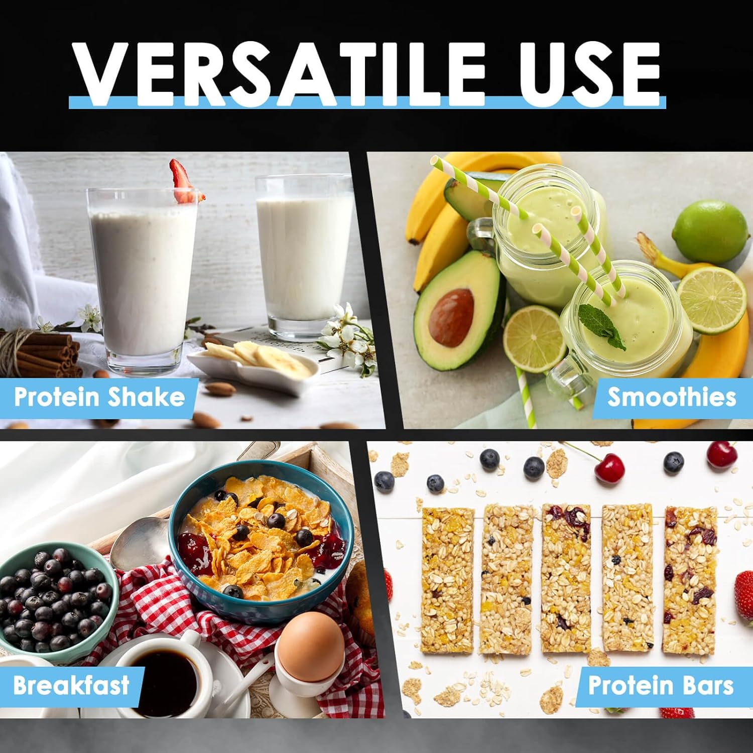 Collage of protein shake, smoothies, breakfast, and protein bars with text 'Versatile Use' at the top.