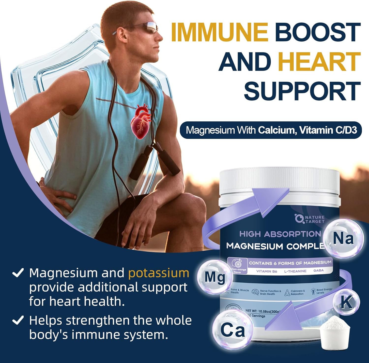 Advertisement for a magnesium supplement with text about immune boost and heart support.