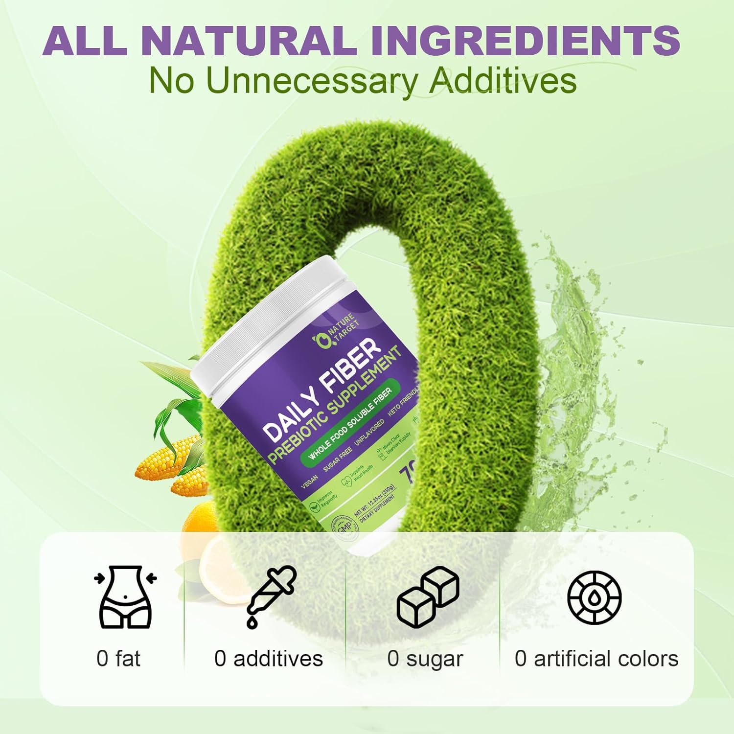 Daily fiber supplement container with green powder and health benefits text on a light green background