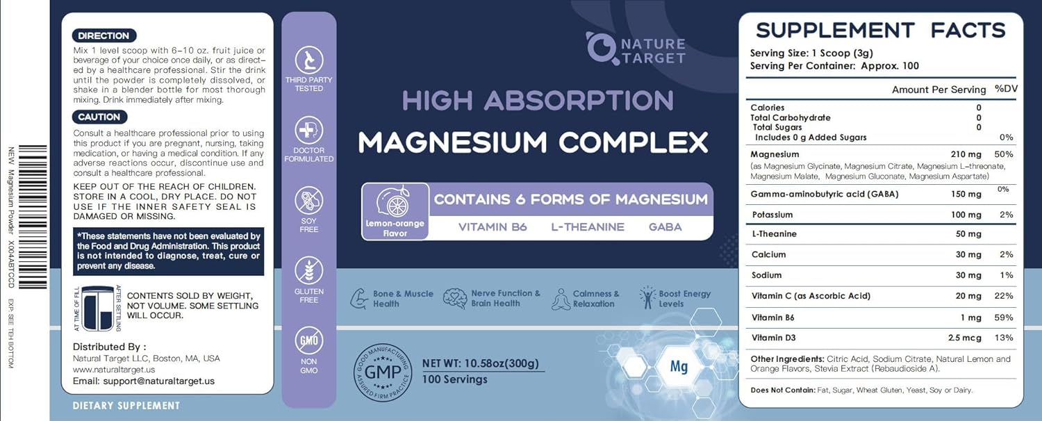 Supplement label for High Absorption Magnesium Complex with supplement facts and directions.
