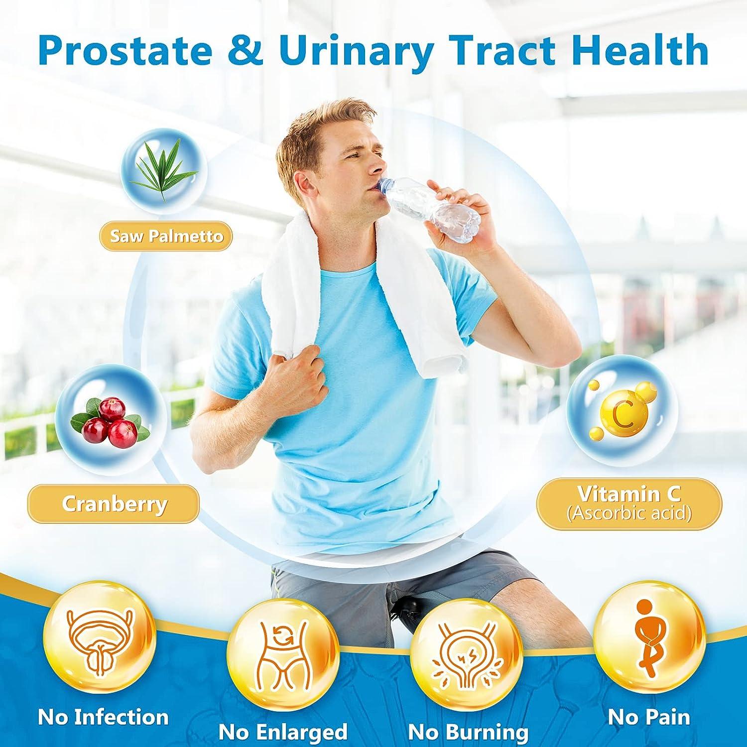 Man drinking water with health benefits for prostate and urinary tract highlighted on a blue background