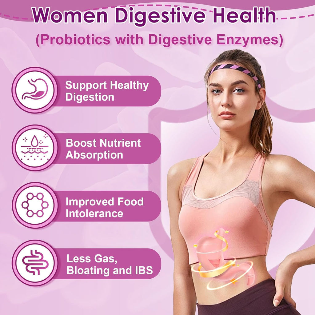 Advertisement for women's digestive health with probiotics and digestive enzymes on a pink background.