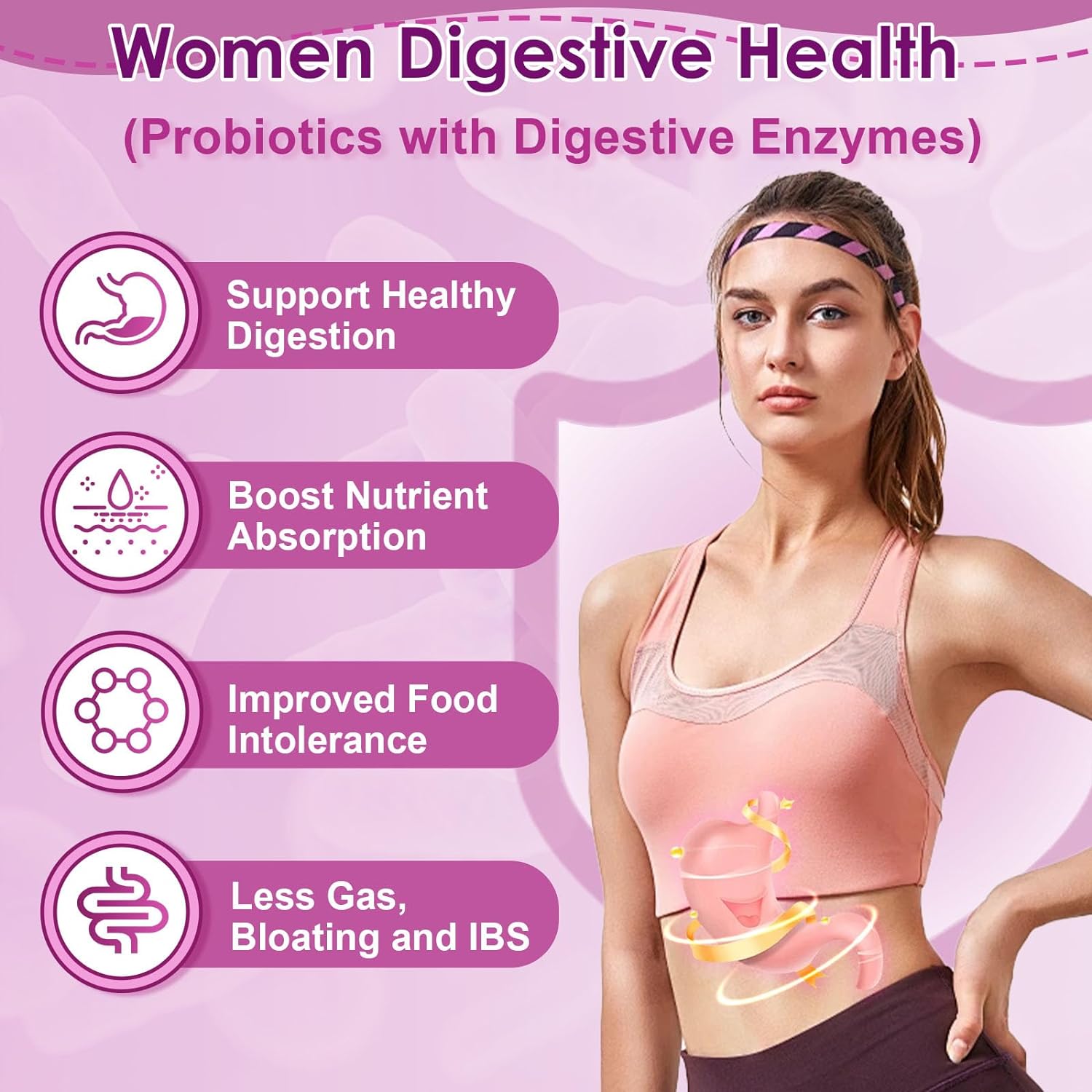 Advertisement for women's digestive health with probiotics and digestive enzymes on a pink background.