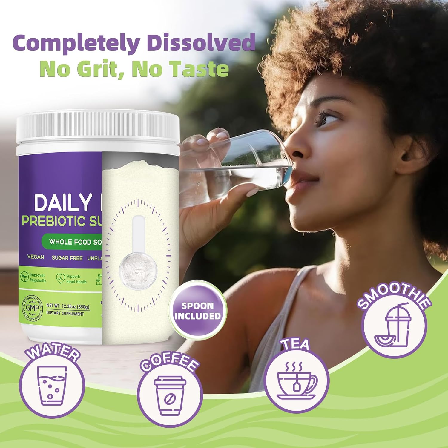 Woman drinking water next to Daily Prebiotic Superfood containers with promotional text and icons.