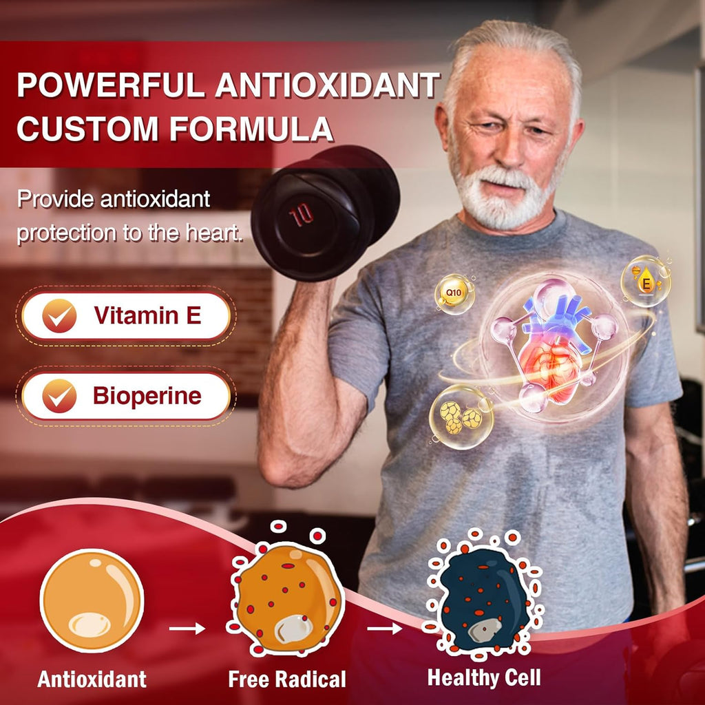 Man lifting weights with antioxidant and health benefits graphics on a red background