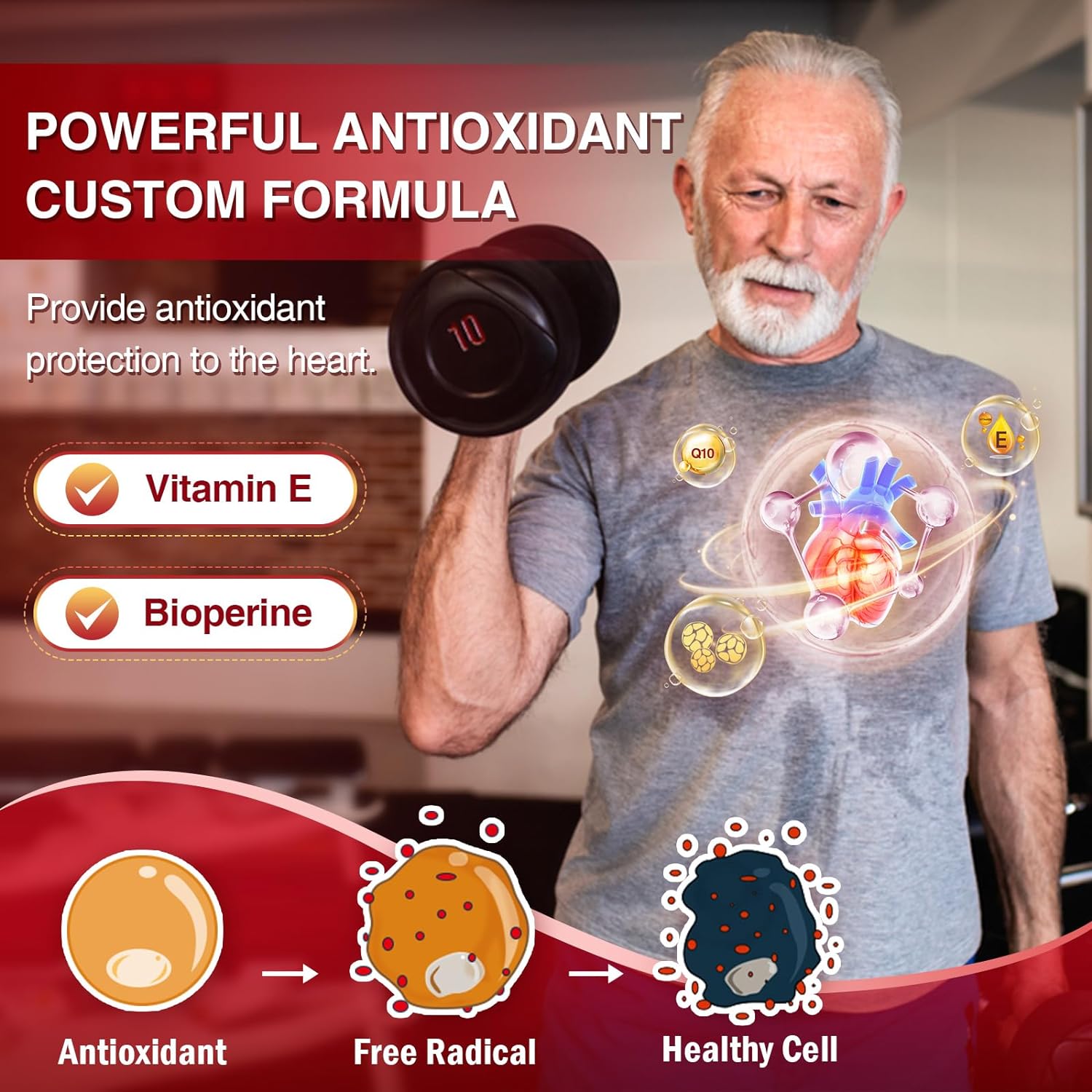 Man lifting weights with antioxidant and health benefits graphics on a red background