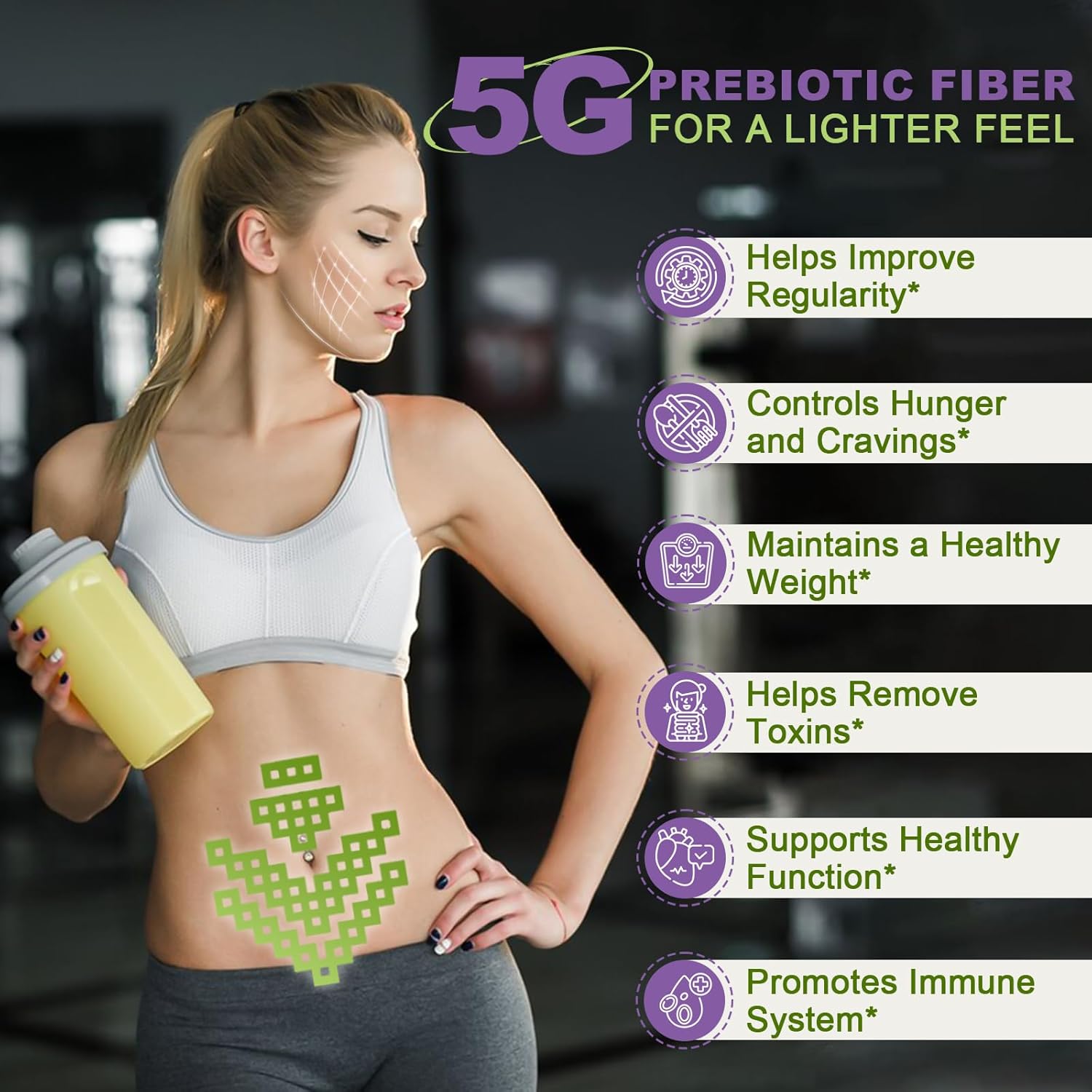 Woman holding a supplement with text about 5G prebiotic fiber benefits on a blurred background