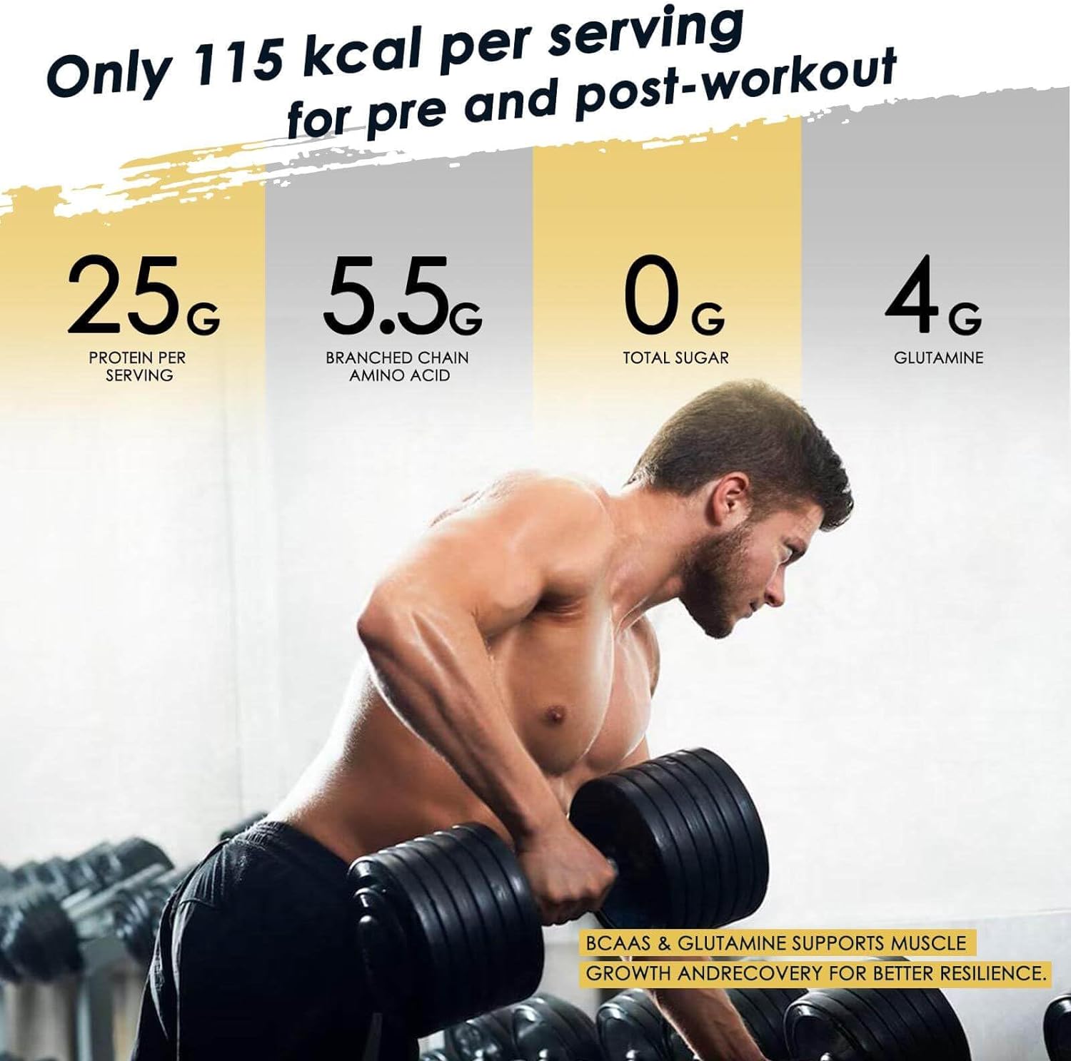 Man lifting weights with nutritional information displayed on a yellow and gray background