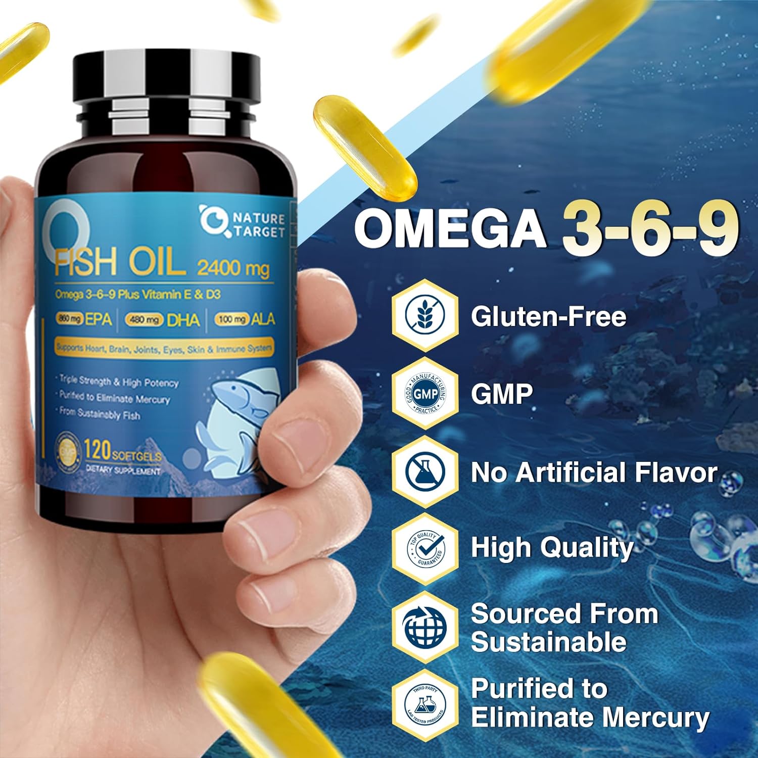 Hand holding a bottle of Nature Target Fish Oil with product details on a blue ocean background