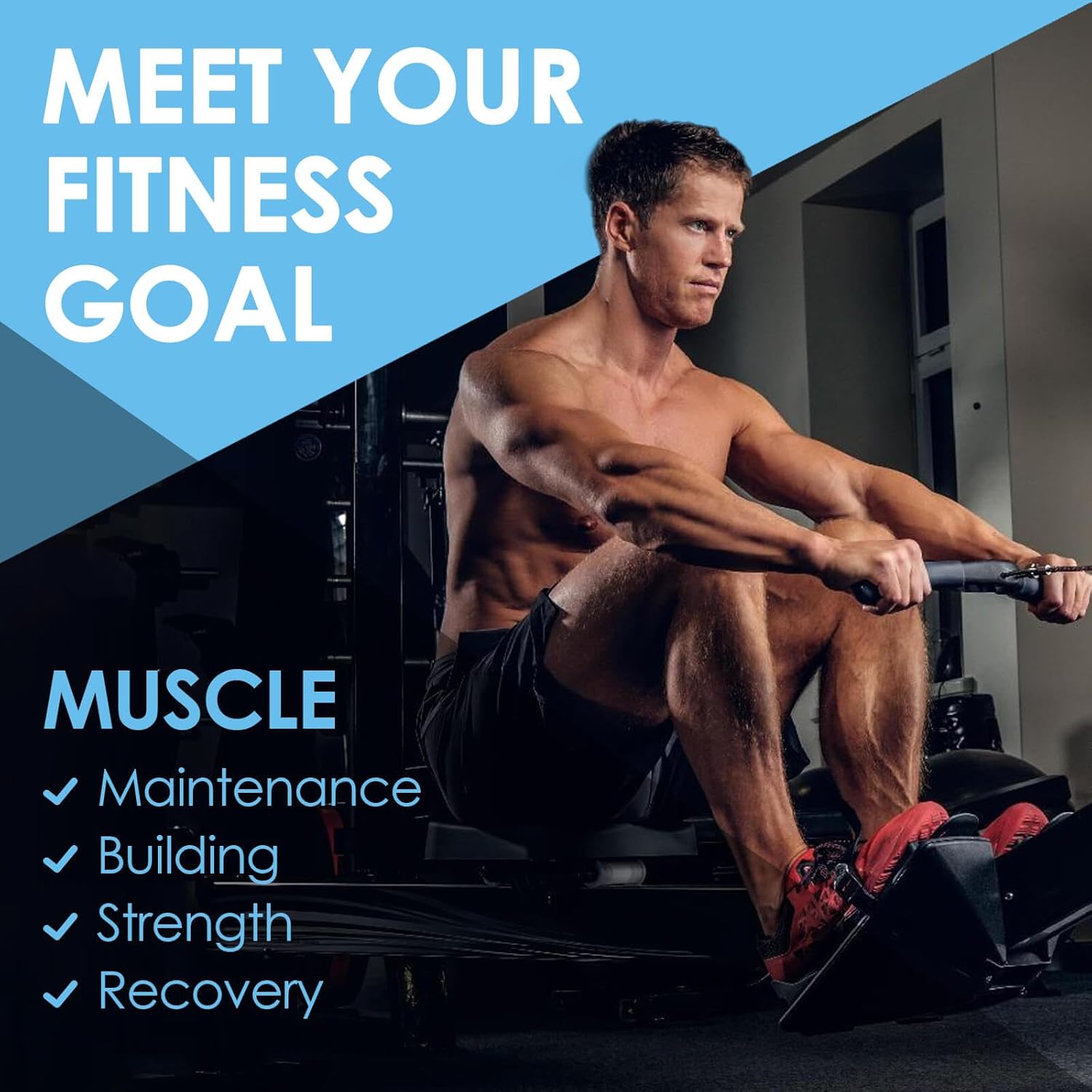 Man using a rowing machine with text about meeting fitness goals on a blue and black background