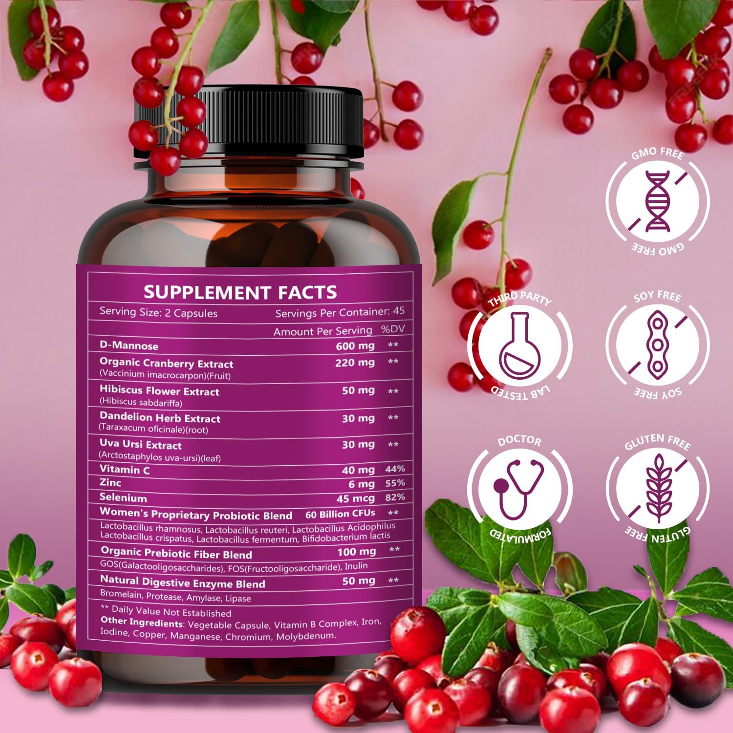 Supplement bottle with cranberries and certification icons on a pink background