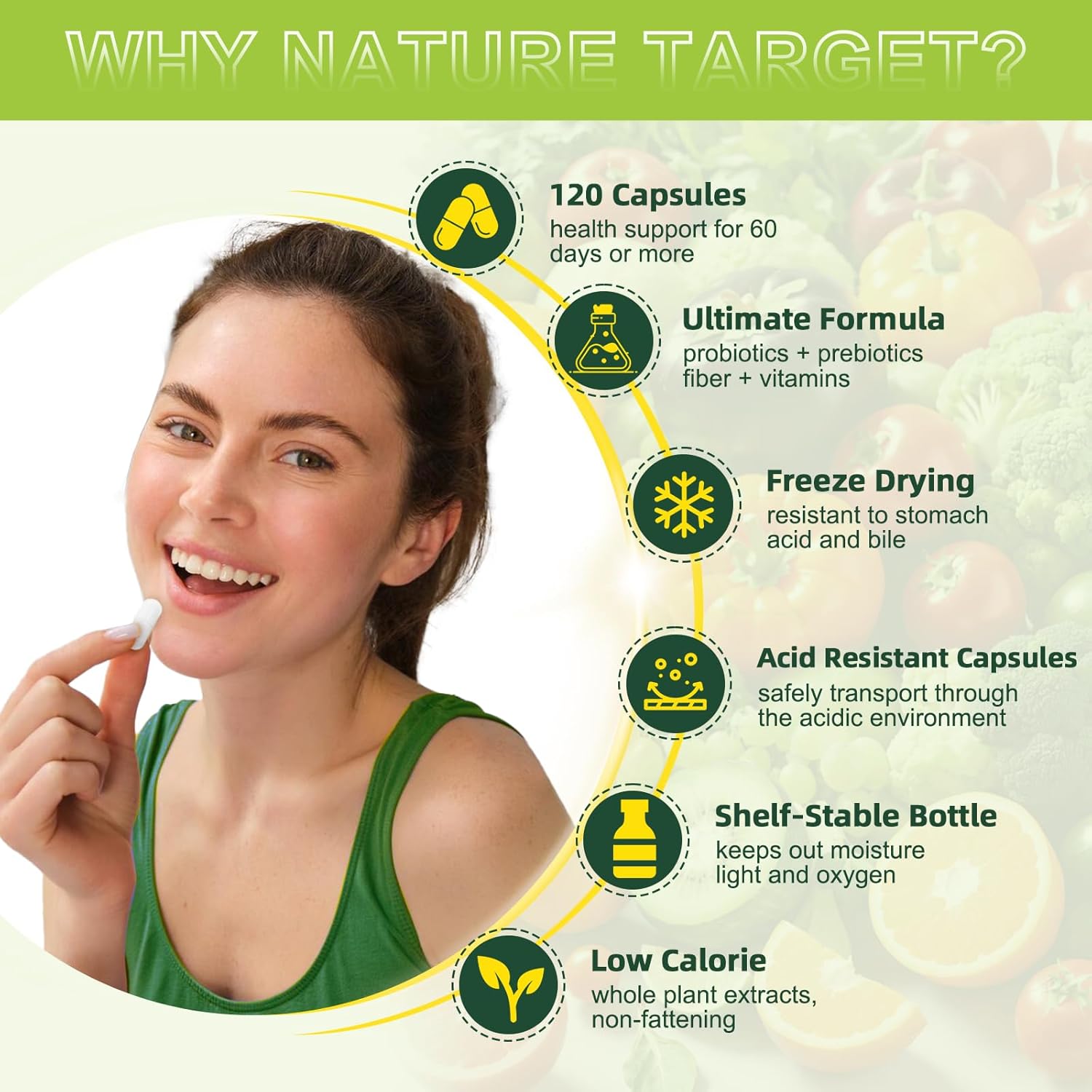 Woman with a green background and text about health benefits of a product