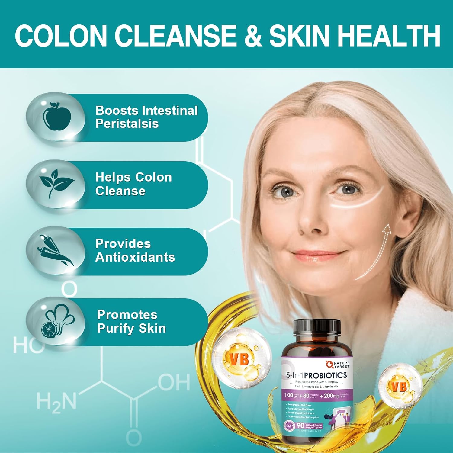 Product advertisement for a colon cleanse and skin health supplement with a woman's face and benefits listed.