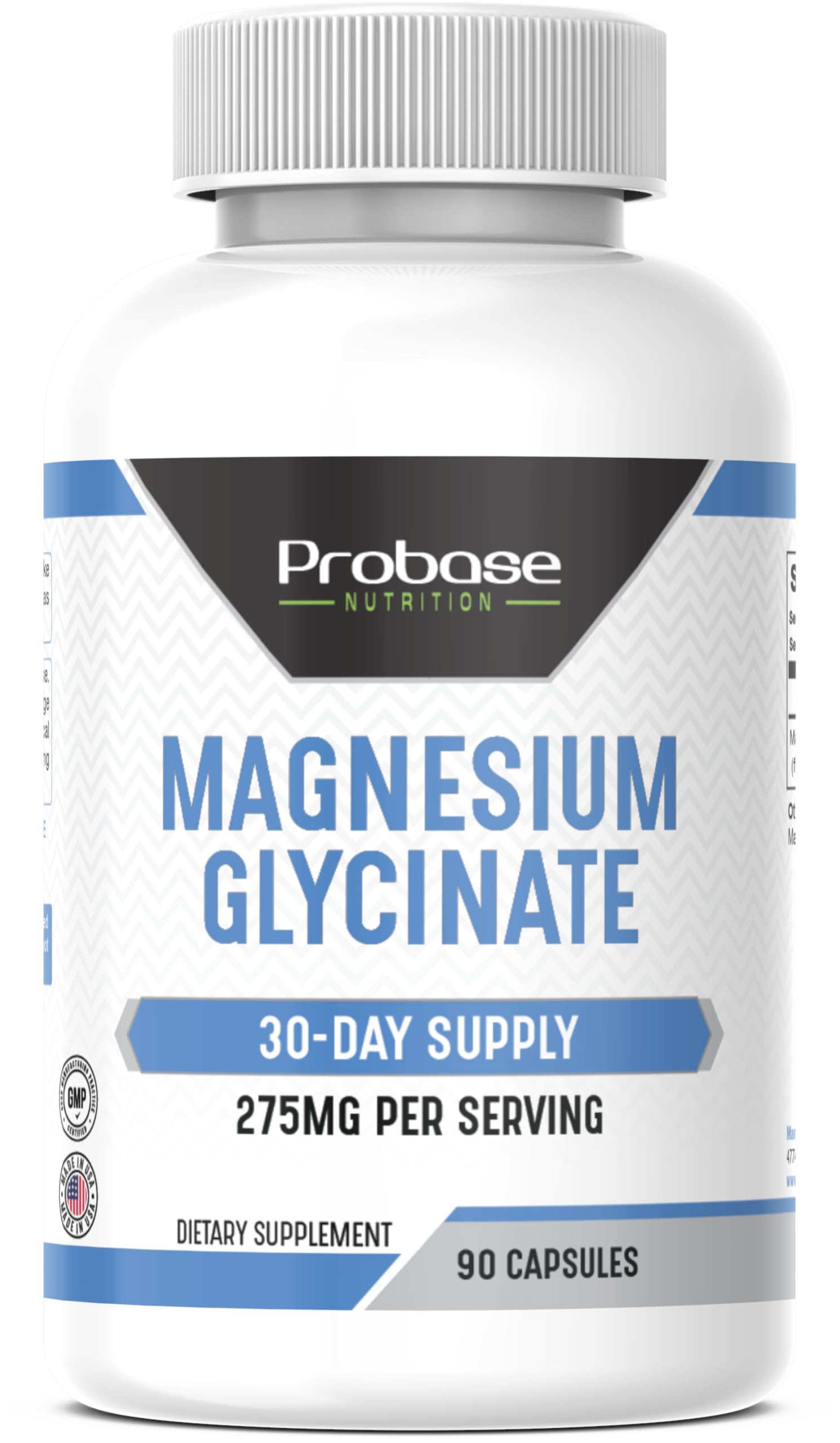 Supplement bottle labeled 'Magnesium Glycinate' by Probase Nutrition on a white background