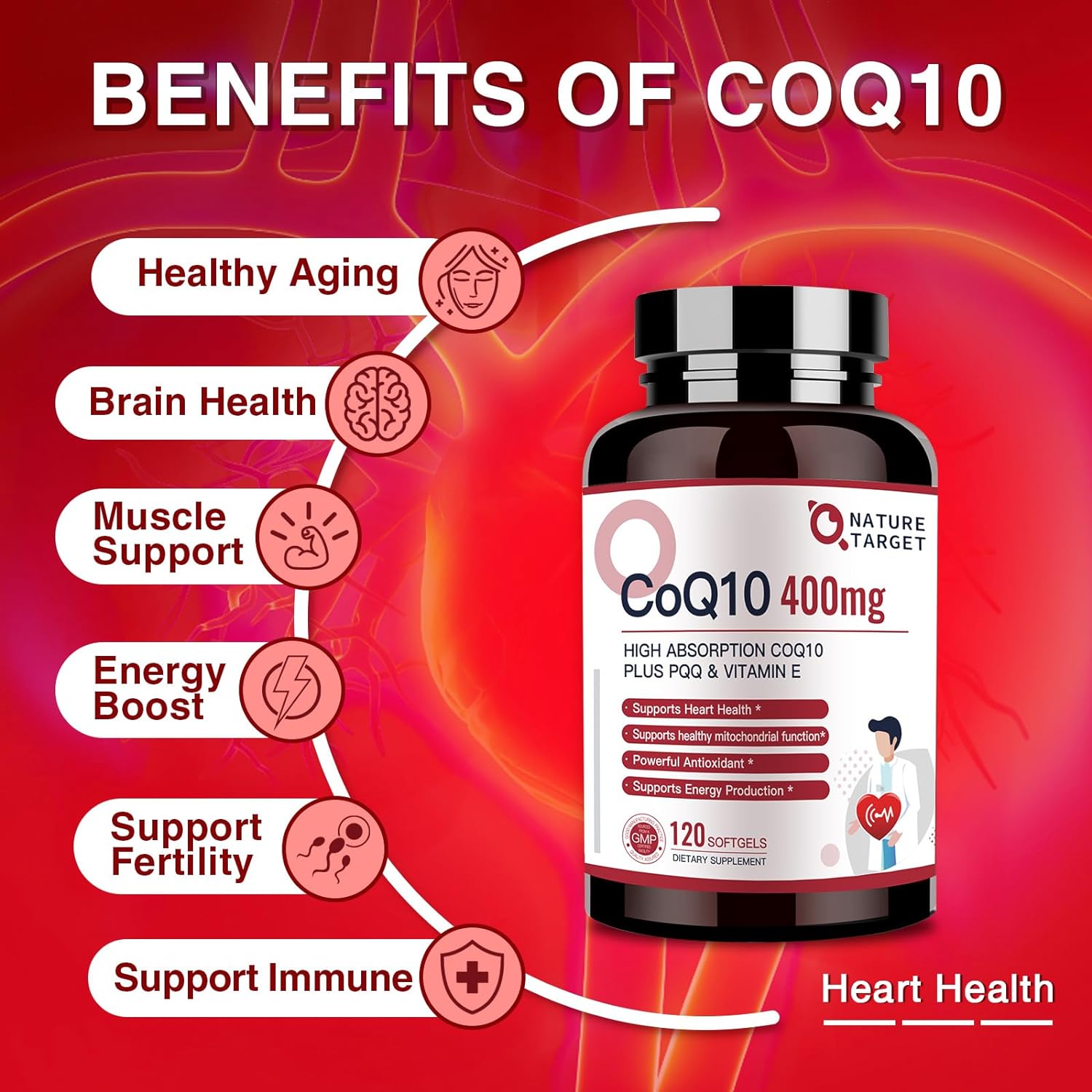 CoQ10 supplement bottle with benefits listed on a red background