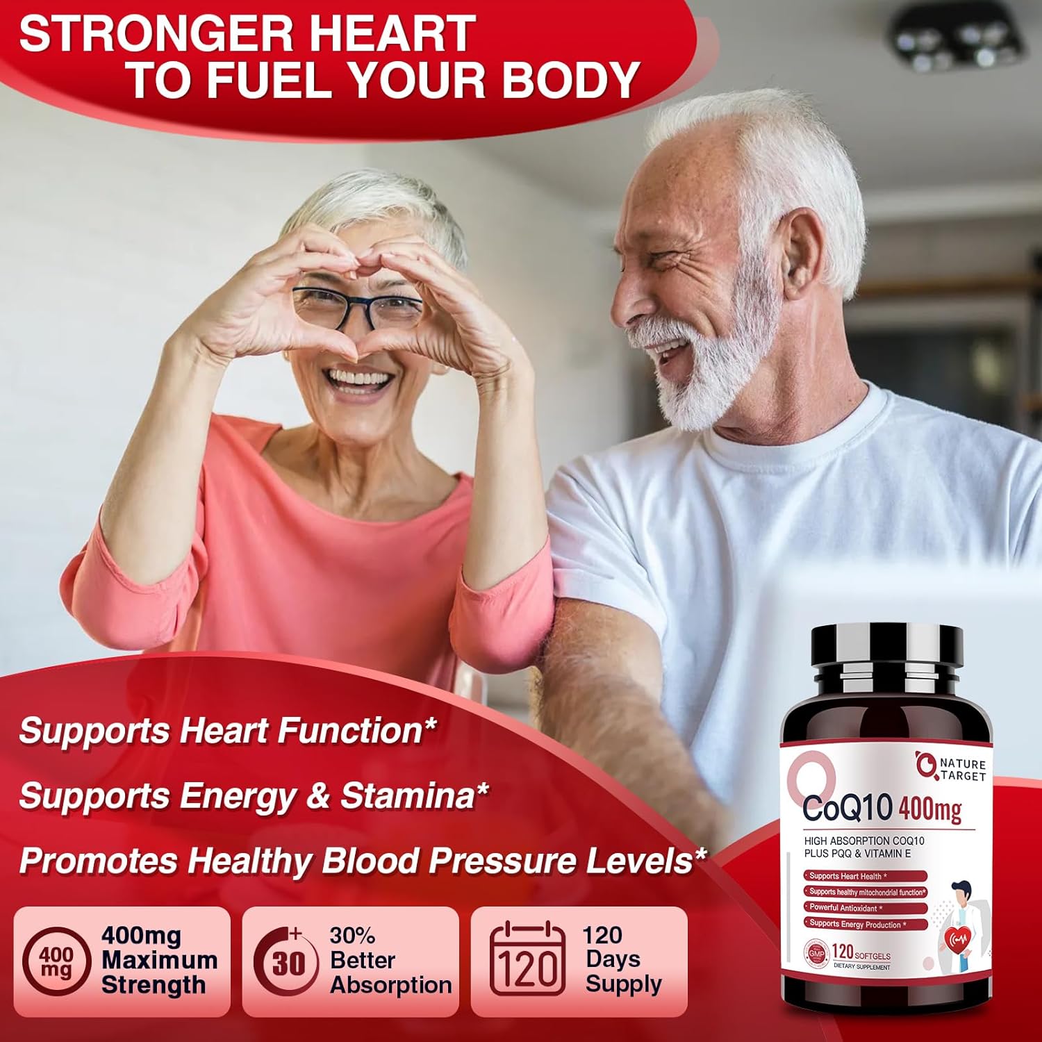 Advertisement for CoQ10 supplement with an elderly couple and product packaging.