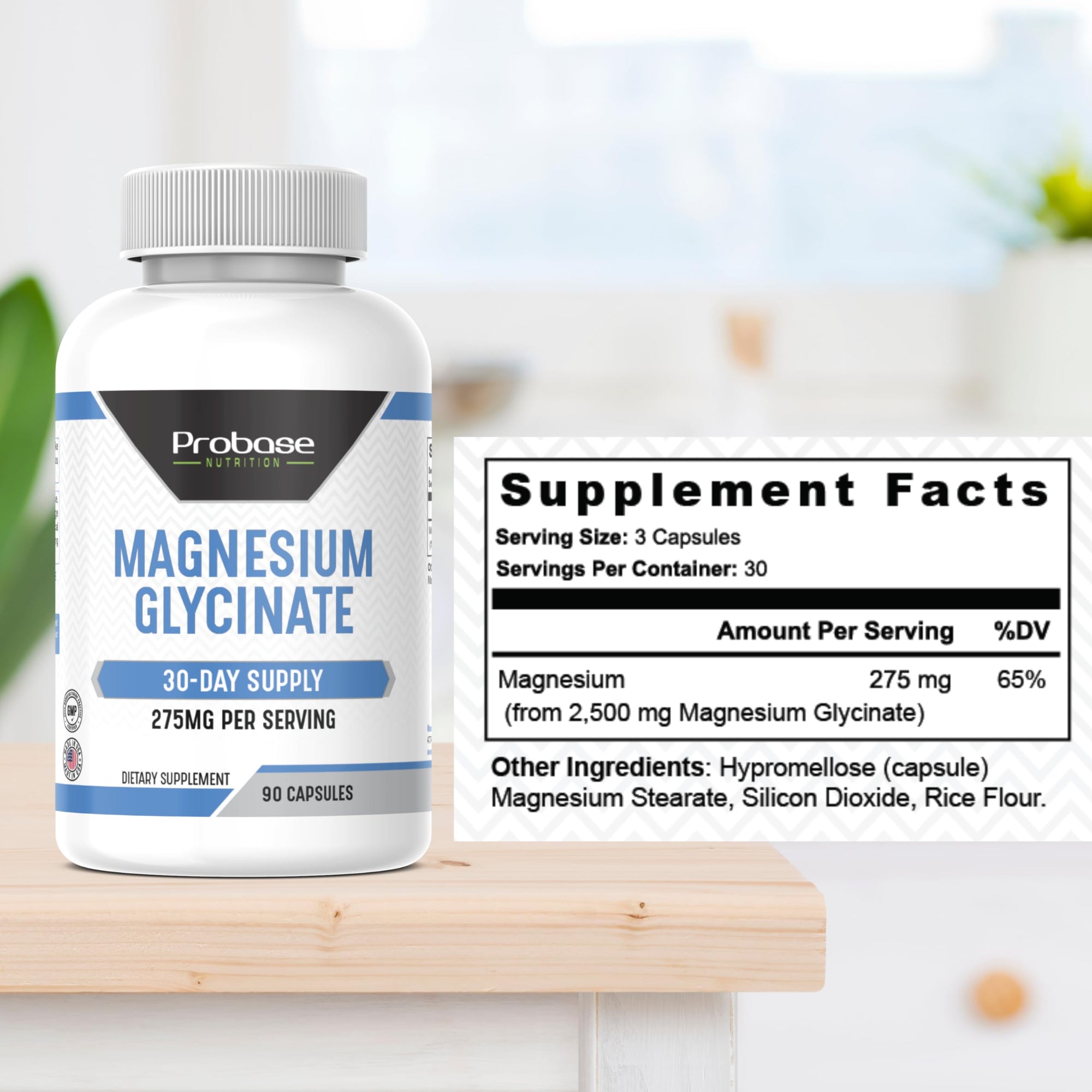 Supplement bottle labeled 'Magnesium Glycinate' with 'Probase Nutrition' branding on a blurred natural background.