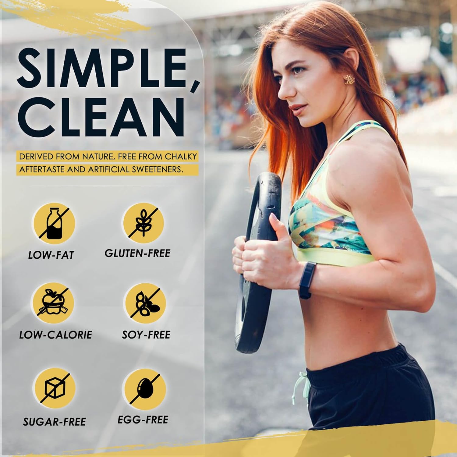 Woman exercising outdoors with health product label on the left