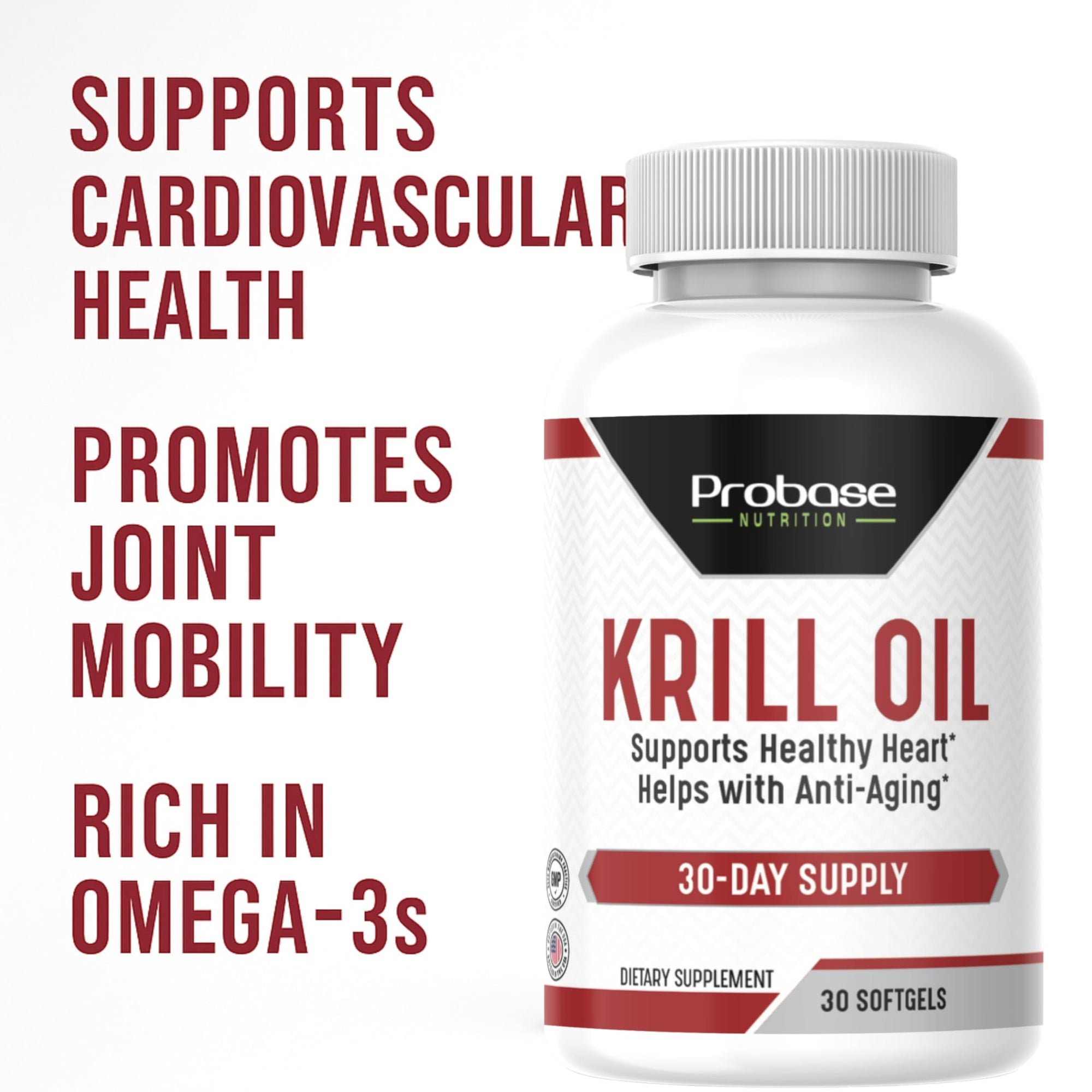 Probase Nutrition Krill Oil supplement bottle with text highlighting benefits on a white background