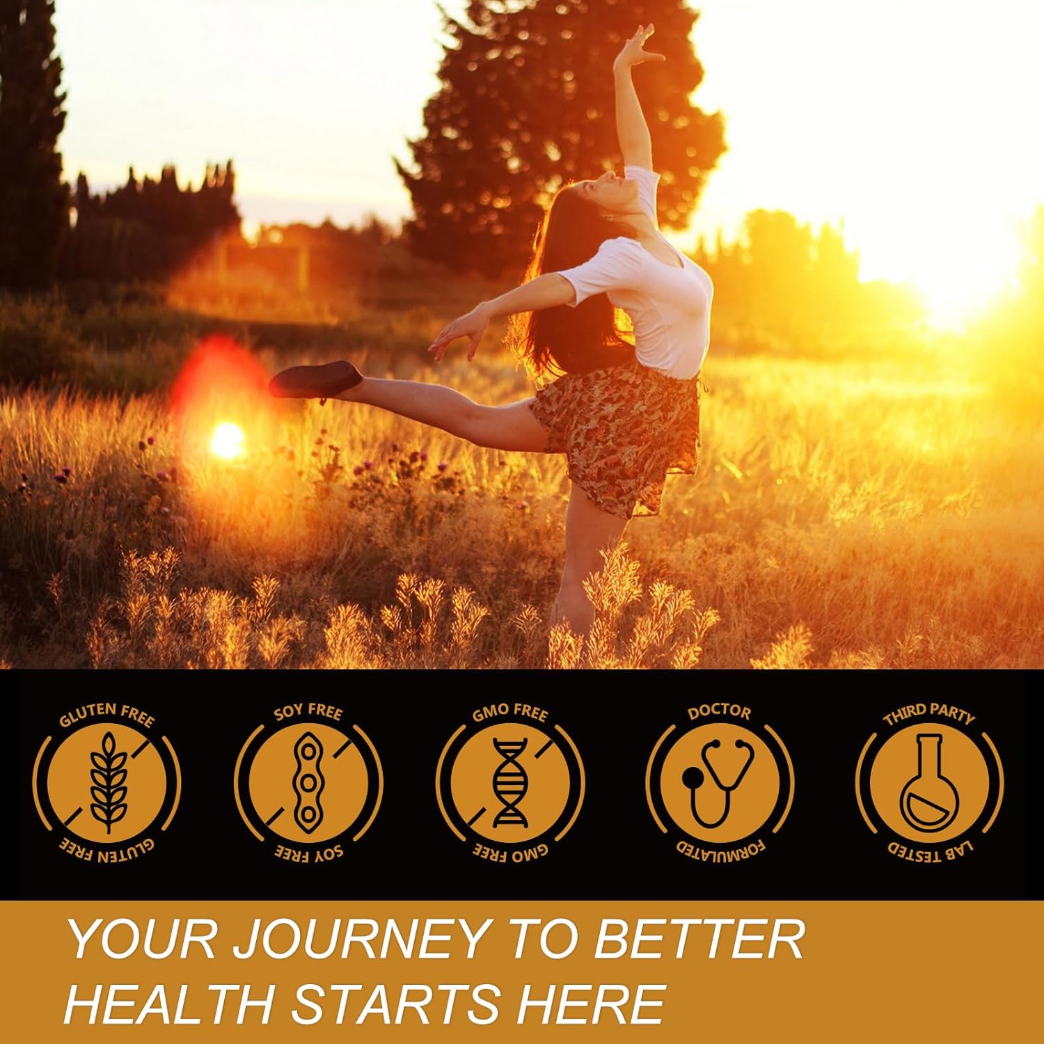 Woman dancing in a field with sunset, health and wellness brand icons at the bottom