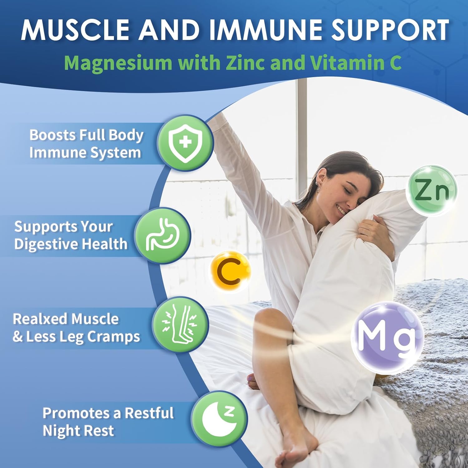 Woman waking up with text about magnesium, zinc, and vitamin C for muscle and immune support.