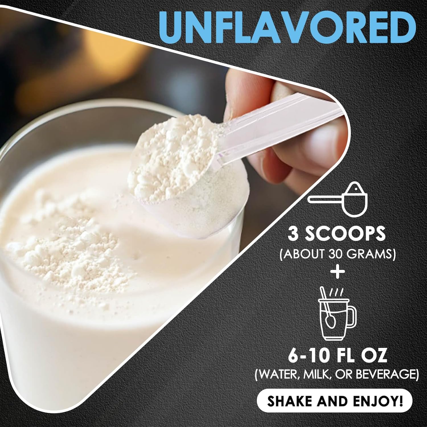 Unflavored protein powder being measured with a scoop and added to a glass of liquid.