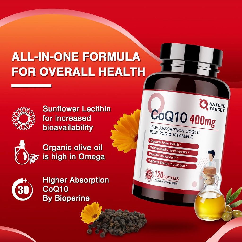 CoQ10 supplement bottle with ingredients and benefits on a red background