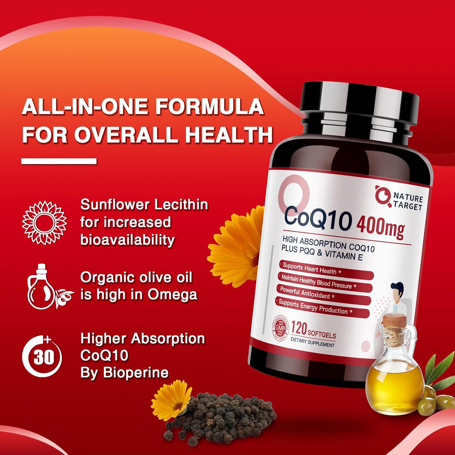 CoQ10 supplement bottle with ingredients and benefits on a red background