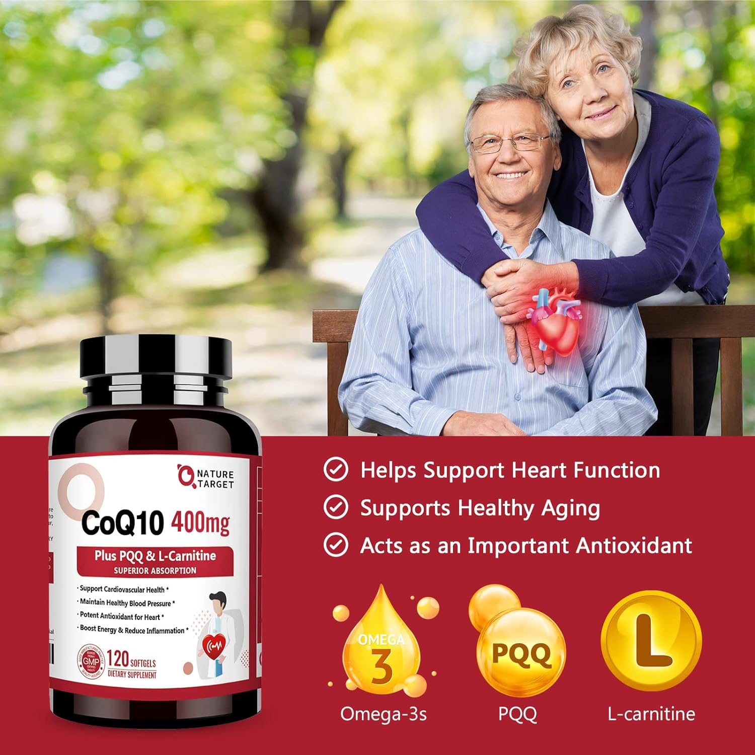 CoQ10 supplement bottle with a couple holding a heart model in a park setting