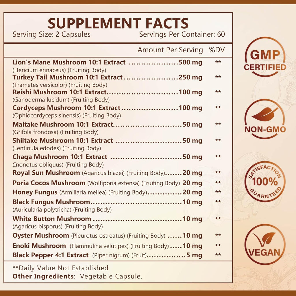 Supplement facts label with various mushroom extracts and certification logos on a beige background