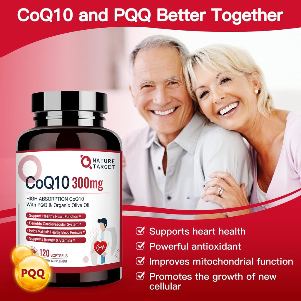 CoQ10 supplement bottle with a couple smiling in the background, emphasizing health benefits.