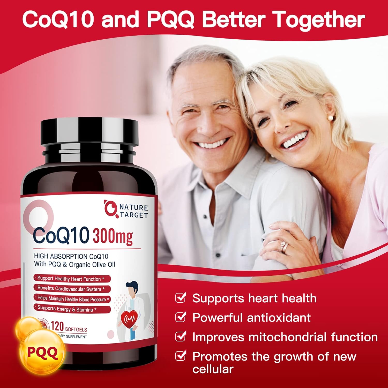 CoQ10 supplement bottle with a couple smiling in the background, emphasizing health benefits.