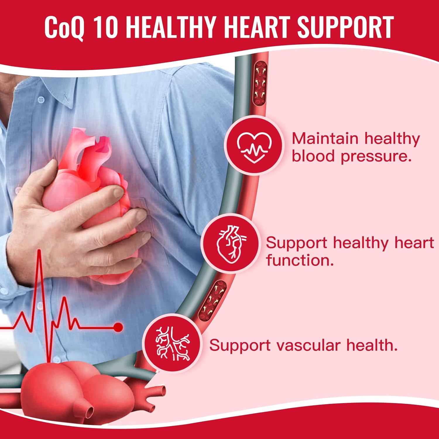 Advertisement for CoQ10 healthy heart support with a person holding a heart and血管 illustrations.
