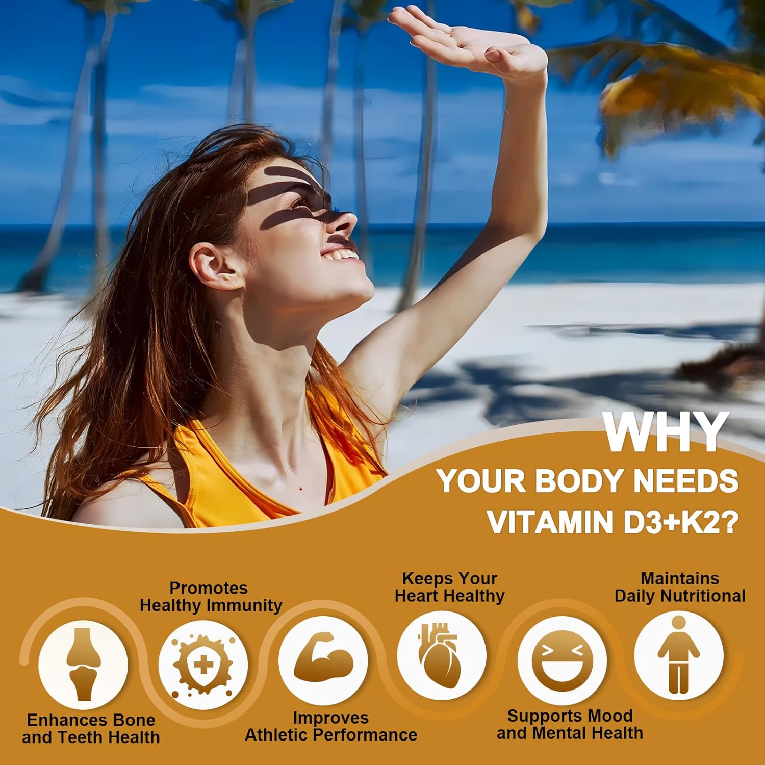 Woman on a beach with text about vitamin D3+K2 benefits