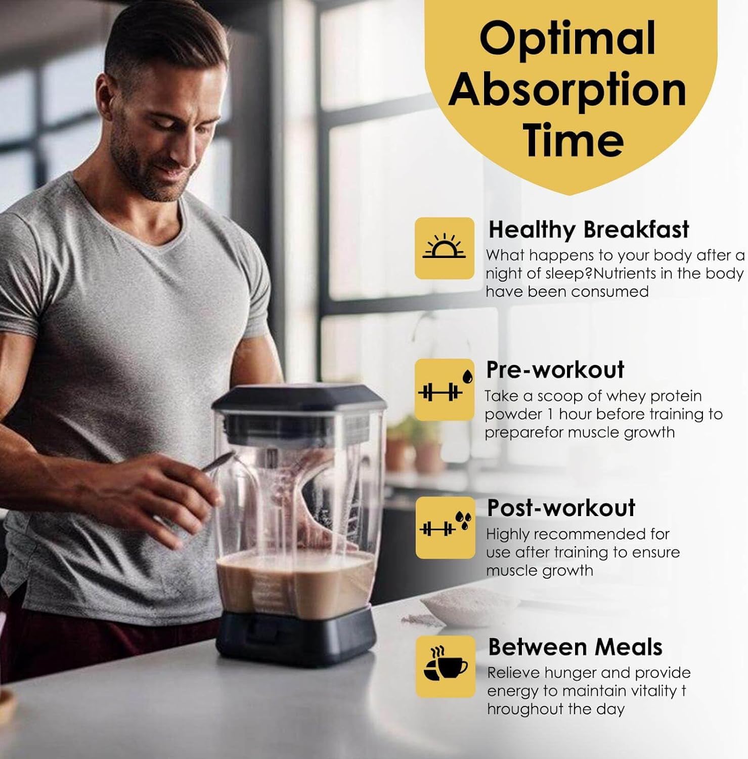Man preparing a protein shake with text about optimal absorption times.