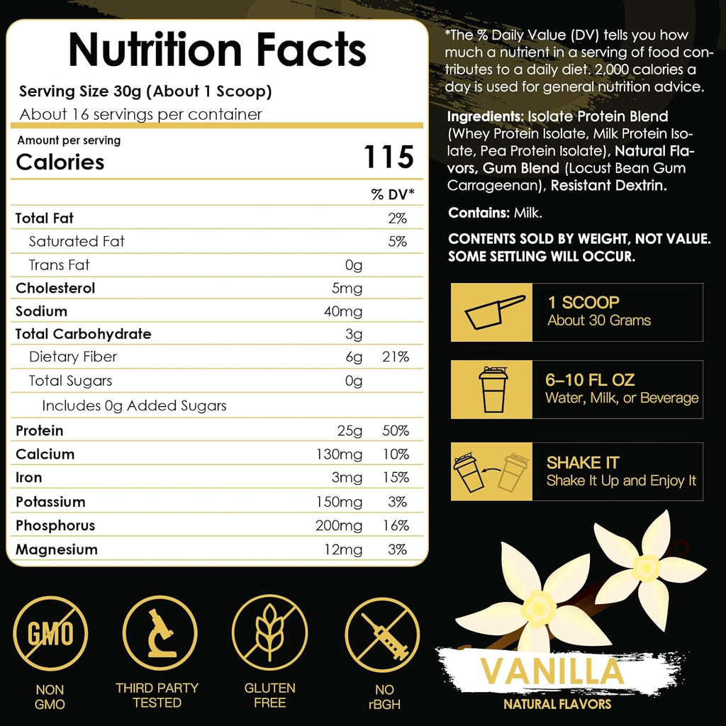 Nutrition facts label for a protein supplement with vanilla flavor, featuring ingredients and serving size information.