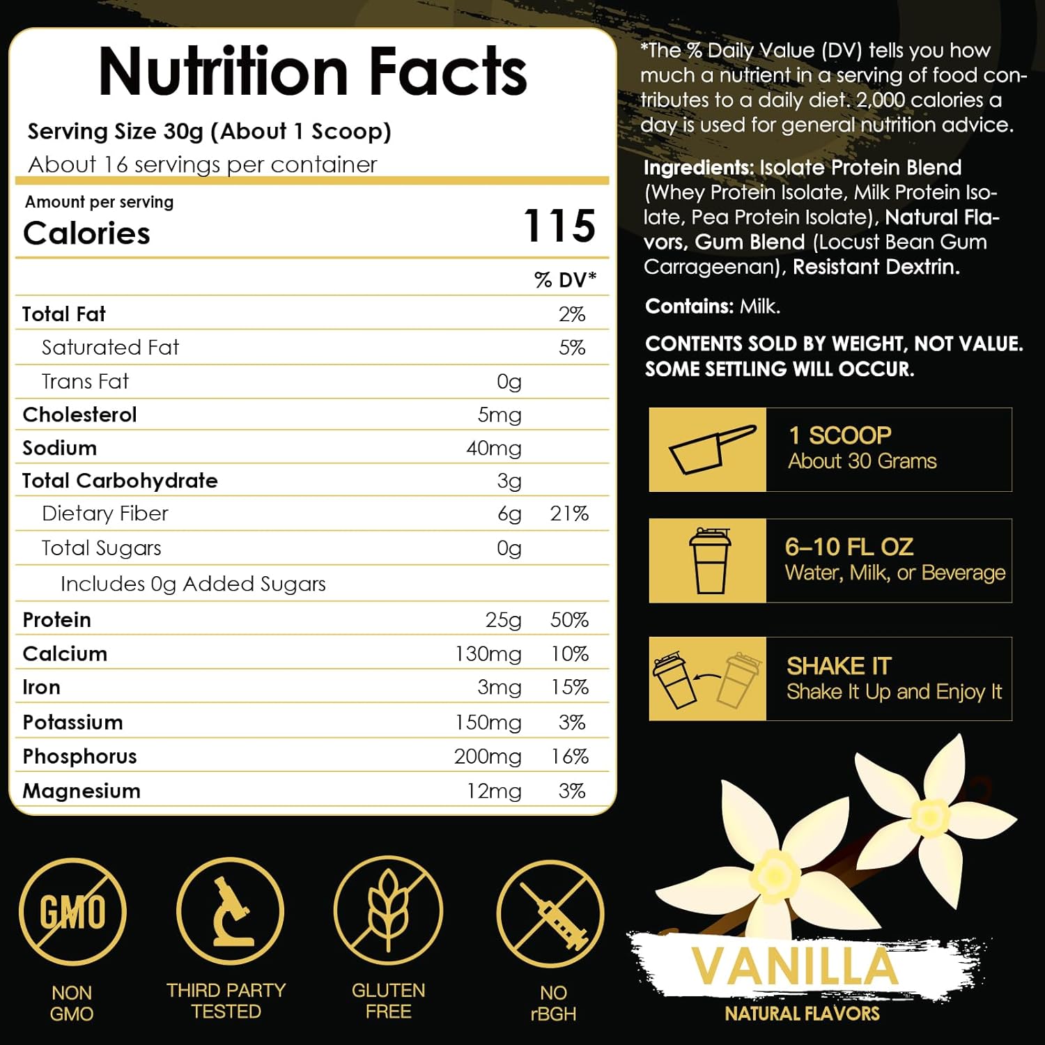 Nutrition facts label for a protein supplement with vanilla flavor, featuring ingredients and serving size information.