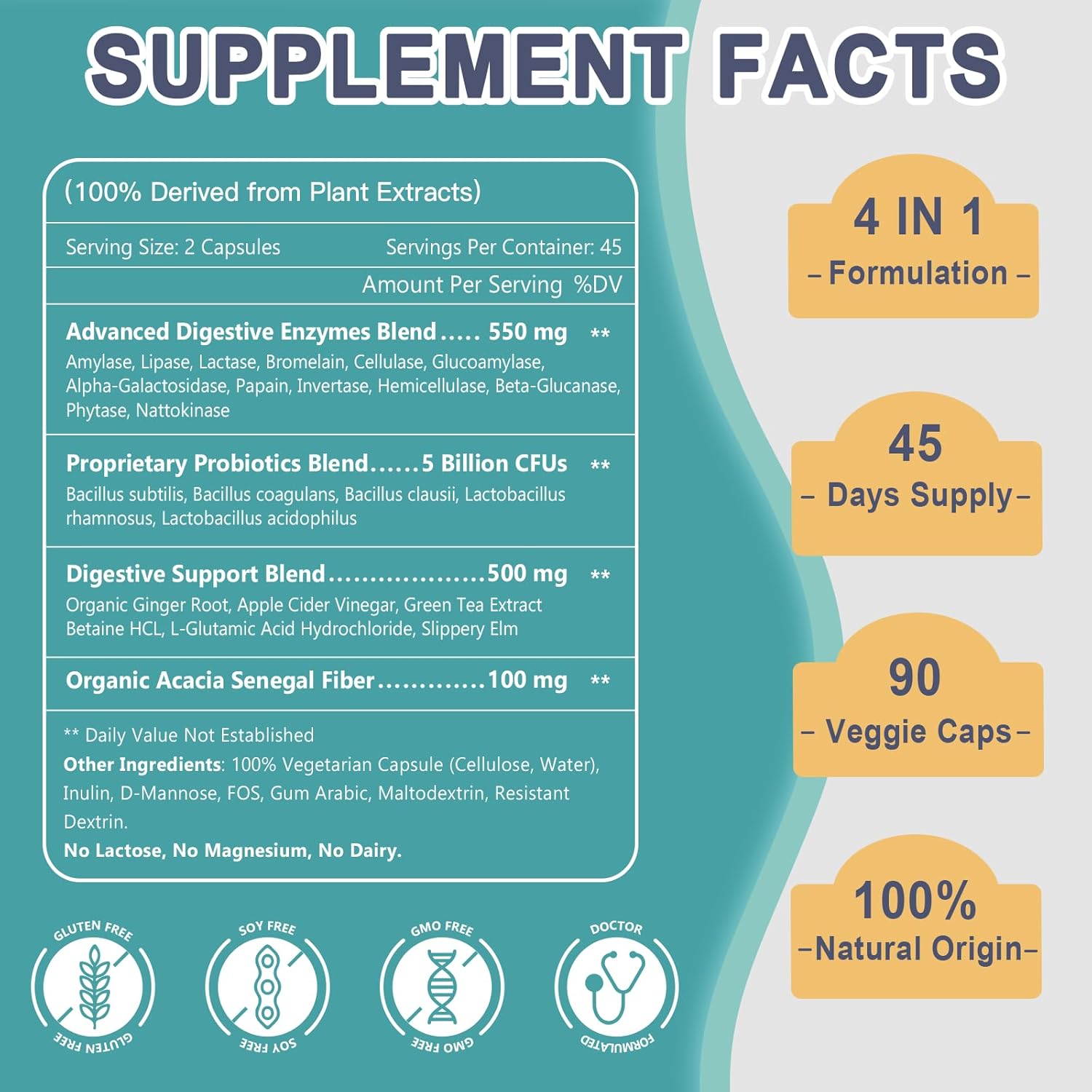 Supplement facts label with product details on a blue background