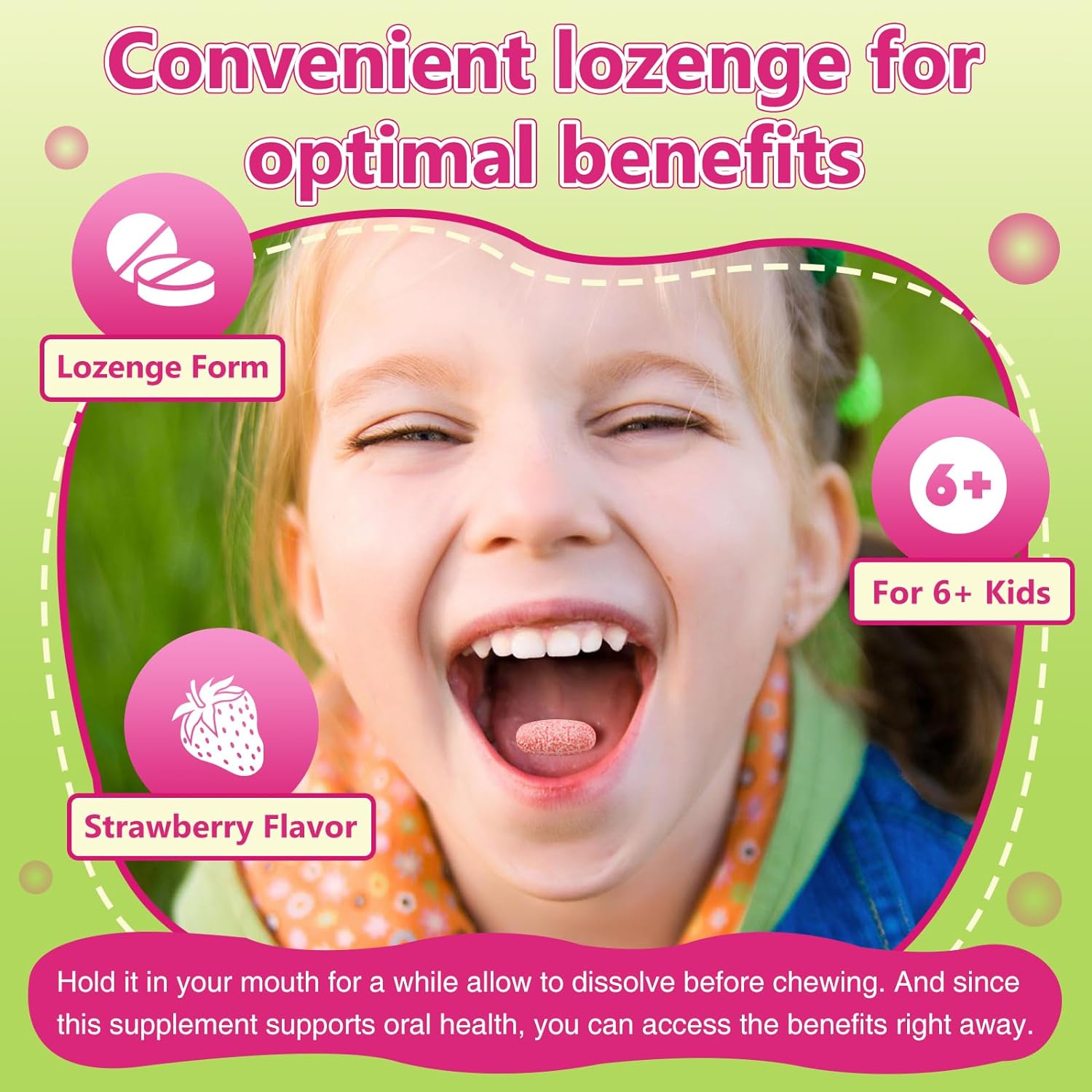 Advertisement for a strawberry-flavored lozenge for kids with a child's face on a green background.
