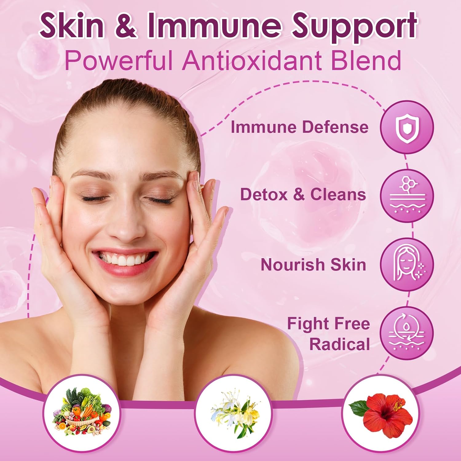Advertisement for skin and immune support product with a woman's face and benefits listed on a pink background.
