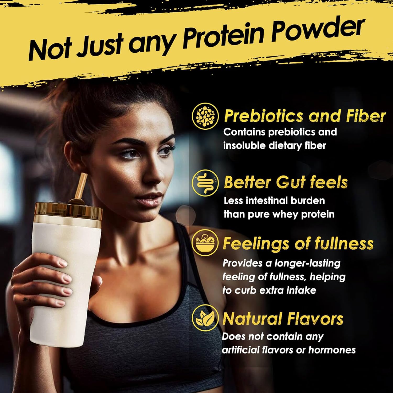 Woman holding a protein shake with text about prebiotics, fiber, gut health, and natural flavors.