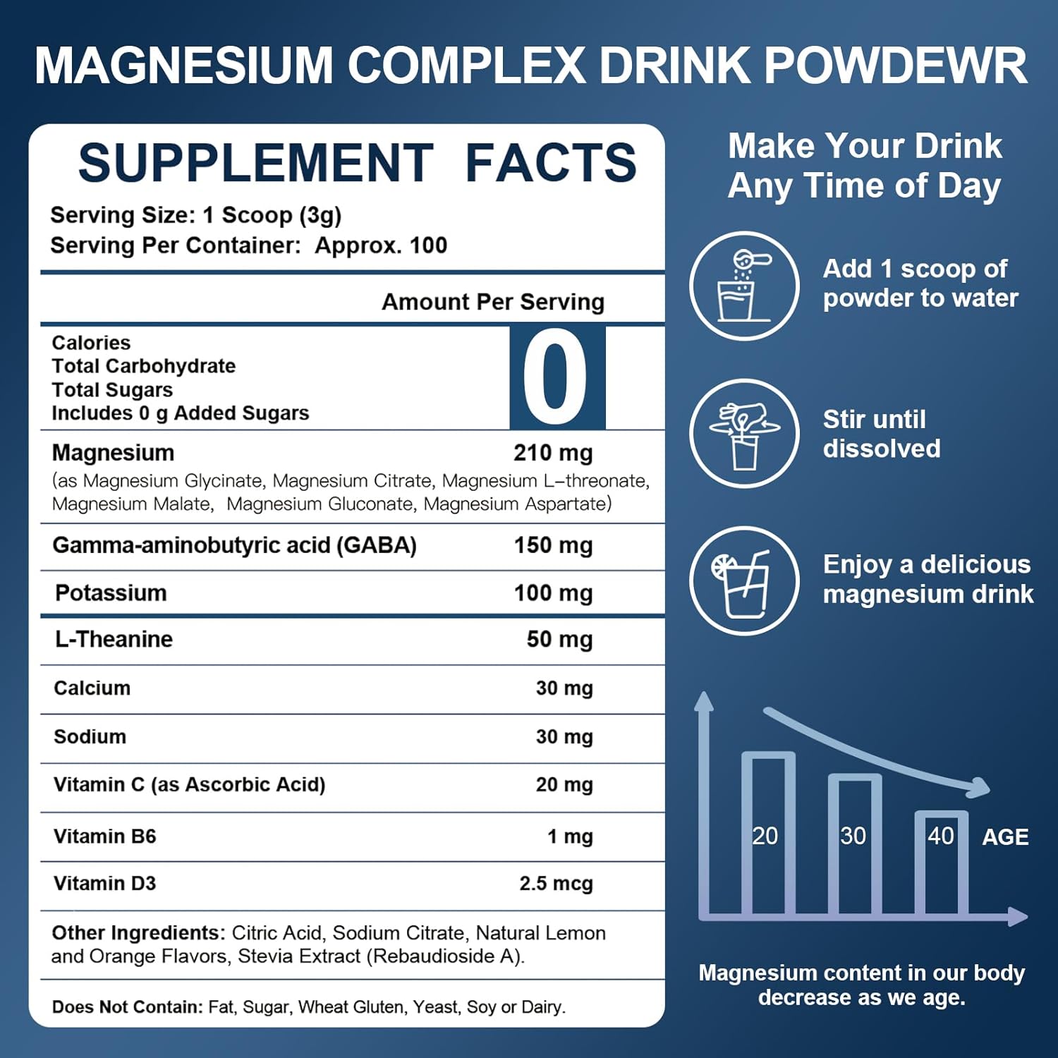 Supplement facts label for magnesium complex drink powder on a blue background