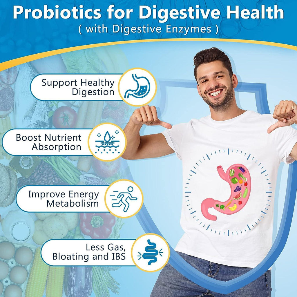 Man wearing a t-shirt with a肠道 diagram, surrounded by probiotics and digestive enzymes text.